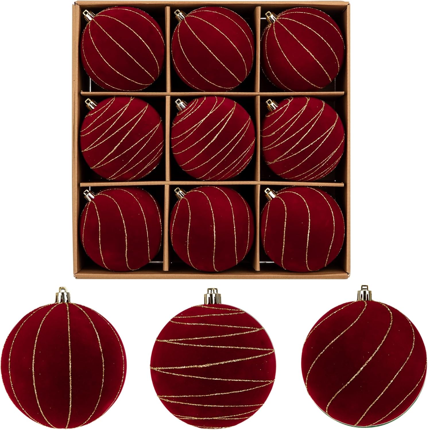 Briful 4'' Velvet Flocked Christmas Ball Ornaments – 9 pcs Burgundy Xmas Balls Baubles, Mix of Painted & Gold-Edge Solid Shades – Shatterproof Velvet Ornaments for Christmas Tree & Holiday Decor