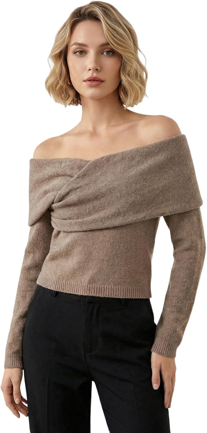 Women's Off The Shoulder Sweater Twist Asymmetrical Knit Crop Pullovers Fall Going Out Outfits