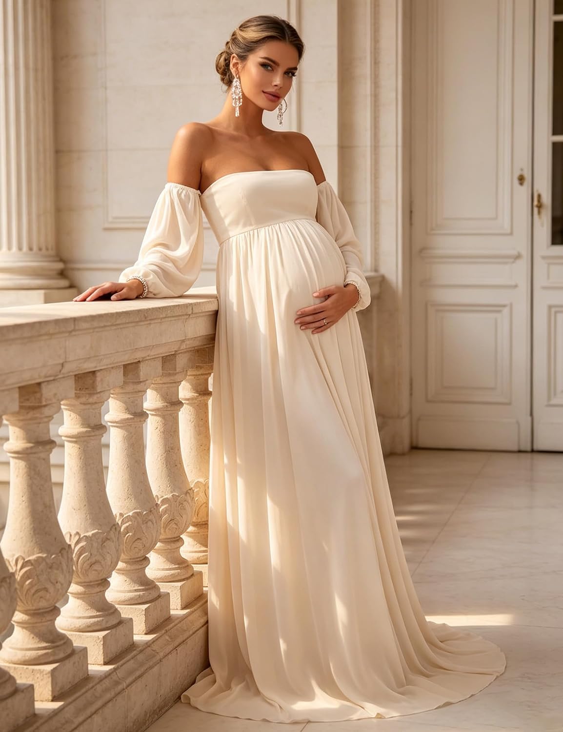 Maternity Maxi Dress Off Shoulder Long Puff Sleeve Baby Shower Gown | Airy chiffon off shoulder maternity bodycon dress , elegant for shower, maternity photoshoot & wedding guest occasions