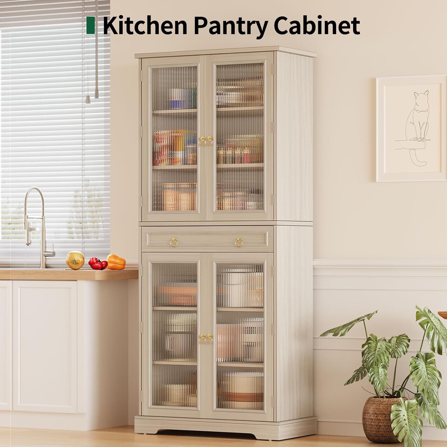 Kitchen Pantry Cabinet with Arcylic Doors and Adjustable Shelves - 72" Tall Storage Cabinet Freestanding Cupboard with Drawer, Food Pantry Cabinet, Wood Storage Cabinets for Dining Room, White