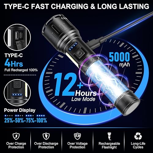 Miniatura 5 de Linternas magnéticas recargables de alto lúmenes, linterna LED súper brillante potente 8 modos con luz de trabajo COB, luz flash de mano impermeable