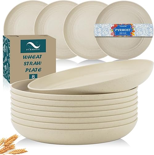PYRMONT Juego de 8 platos llanos irrompibles de paja de trigo de 10 pulgadas, platos grandes de plástico, reutilizables, aptos para lavavajillas y