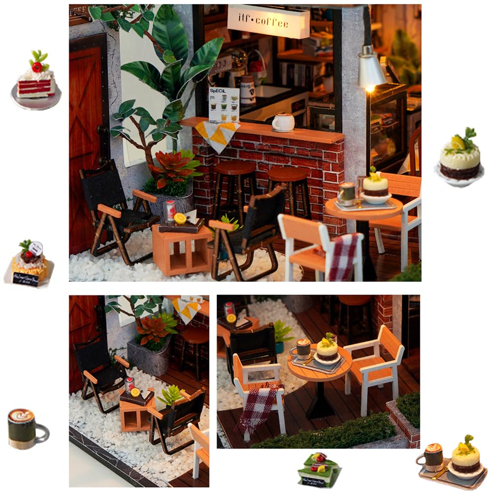 Kit de construction de maison miniature à faire soi-même, scène de café avec éclairage LED et œuvre musicale, modèle de décoration artisanal fait à la main pour décoration de bureau et de salon