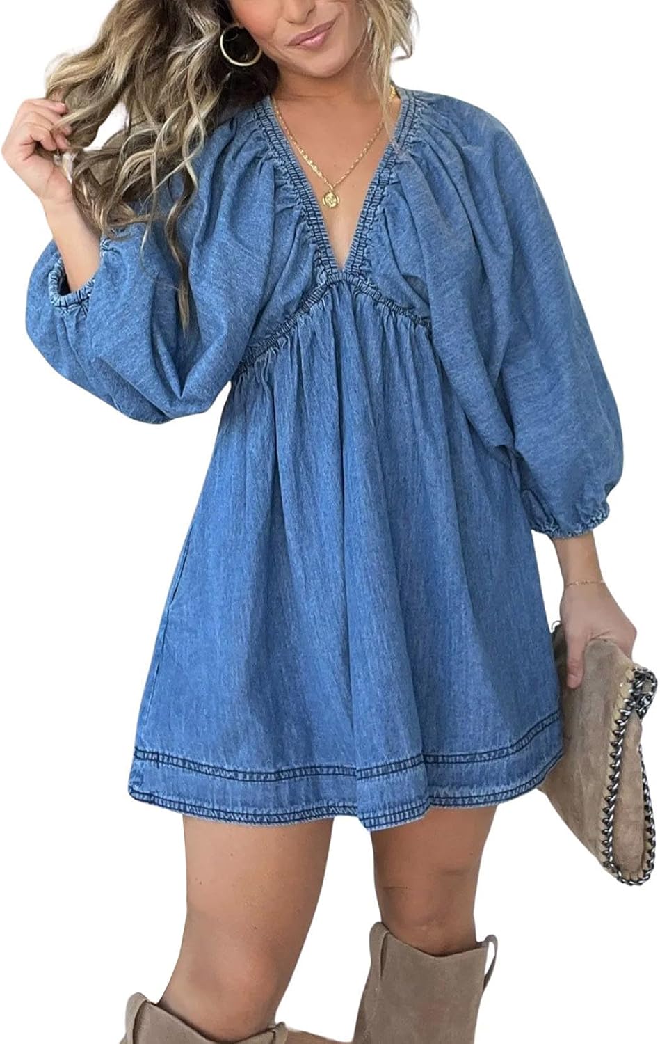 utcoco Denim Dress for Women Puff 3/4 Sleeves V Neck Swing A Line Cute Babydoll Mini Jean Dresses for Women 2025
