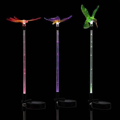 Miniatura 9 de Alpine Corporation Juego de 3 estacas de jardín con luz solar de fibra óptica LED de mariposa, colibrí y libélula de 33 pulgadas de alto
