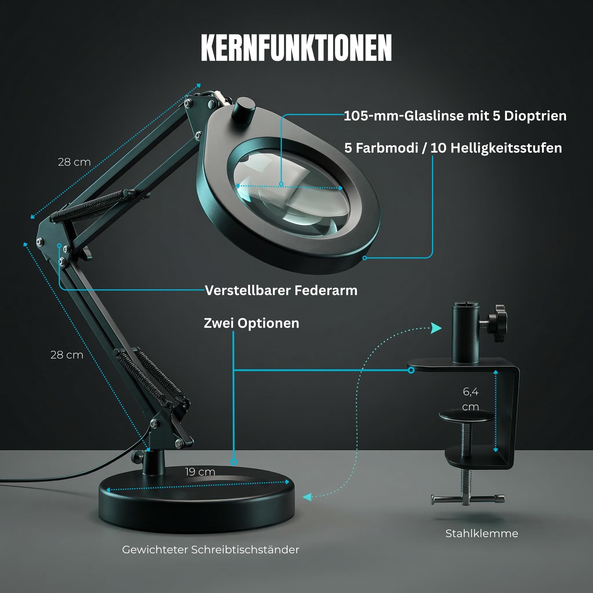 LED-Lupenleuchte mit Ständer und Klemme, Tischlampe mit 10,5 cm 5X Lupe, dimmbare Lichter in 5 Farben und Doppelständer für Handarbeit, Detailinspektion und Hobbys (Rund)