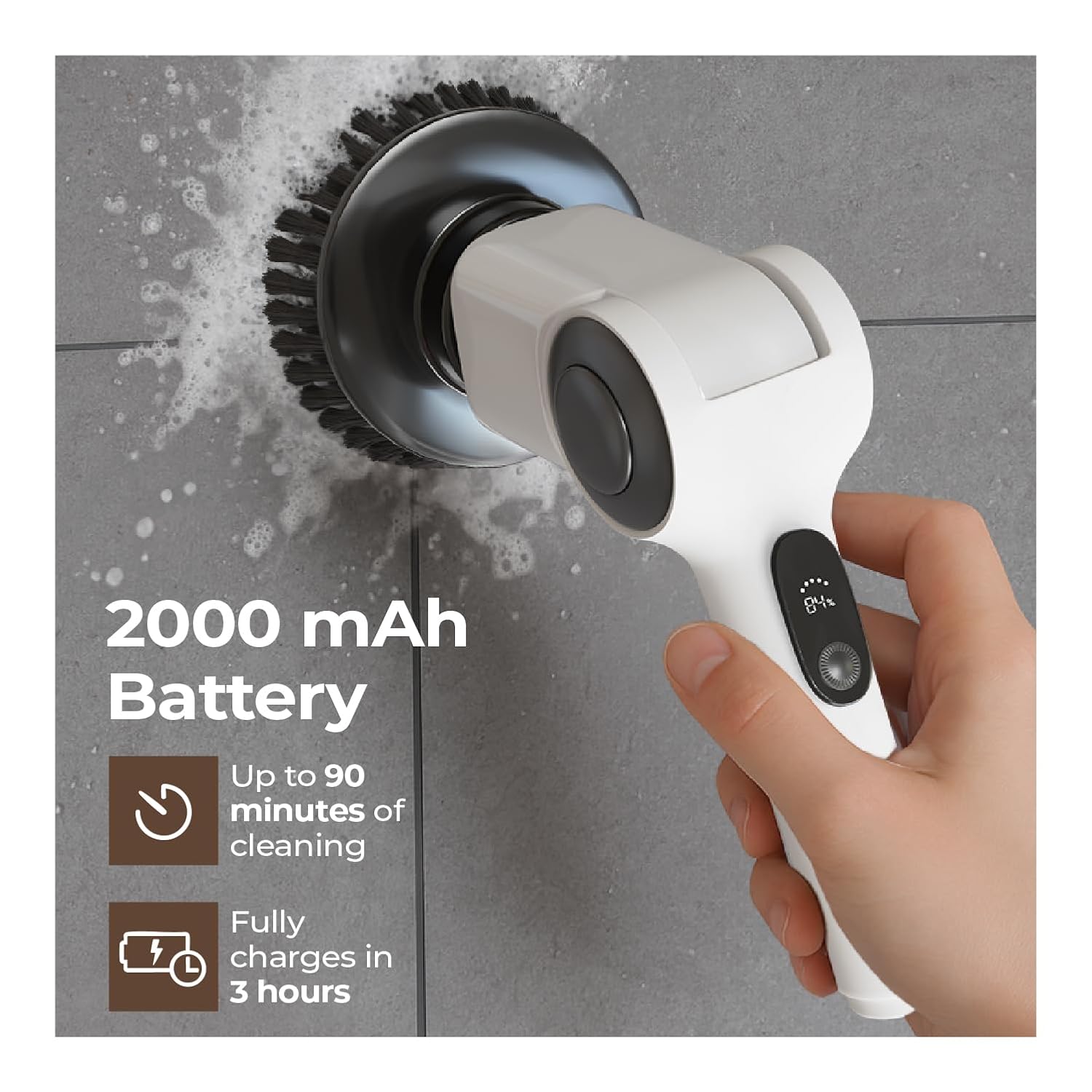 Hand holding the Lifelong Electric Spin Mop showing the LED battery display and charging information