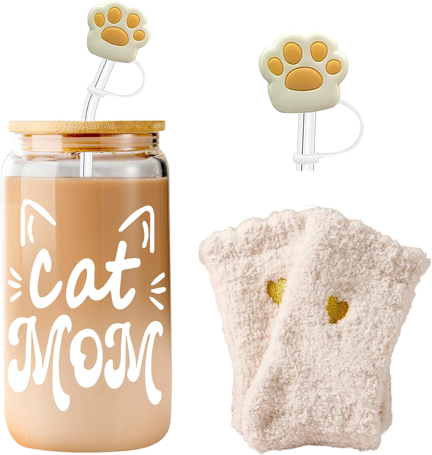 Cat Mom Gifts for Women Mothers Day Crazy Cat Lady Coffee Glass Cup with Lid Straw, Fur Lovers Owners Christmas Gifts for Daughter, Sister, Aunt, Best Friends, BFF - Including Straw Cap, Cozy Socks