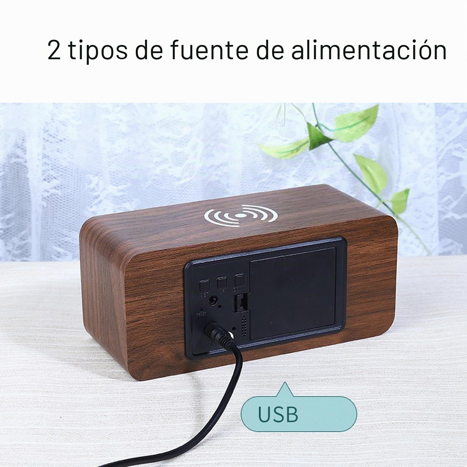 Reloj Despertador Digital con Carga Inalámbrica LED Pantalla de Temperatura y Humedad 3 Alarmas Brillo Ajustable Control de Sonido para Dormitorio Casa Oficina (Marrón)