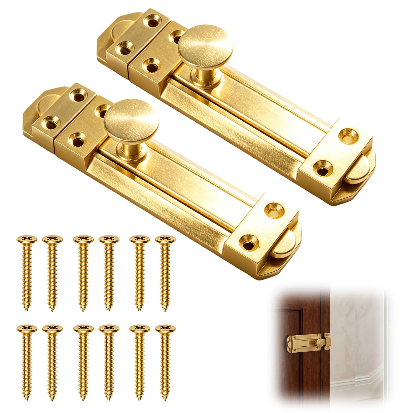 2Pack Door Bolts for Internal Doors, Brass Door Bolt Lock, 5-inch(120mm) Brass Door Bolt Lock, for Garden Bedroom Bathroom Bedrooms Bathrooms Cupboards and Storage Units with 12Srews