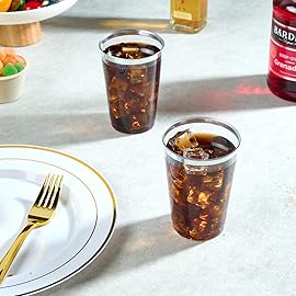 FOCUSLINE 200 Pack 12 oz Silver Rimmed Plastic Cups, Clear Plastic Cup 12 Ounce Tumblers, Heavy-duty & Fancy Disposable Cups with Silver Rim for Wedding Cups Elegant Party