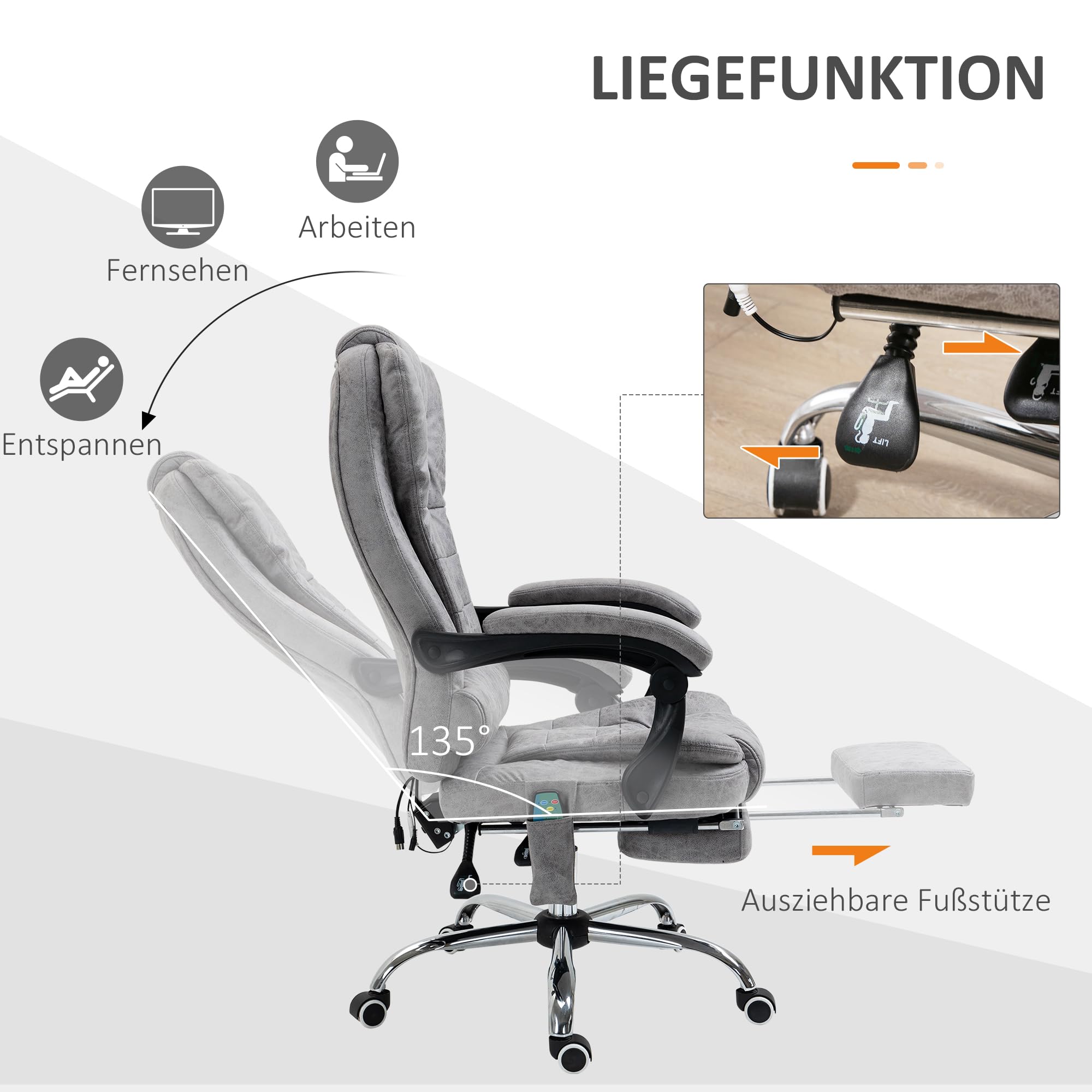 Vinsetto Bürostuhl mit Massagefunktion, Ergonomisch Schreibtischstuhl mit Liege- & Wärmefunktion, Fußstütze, Höhenverstellbar Computerstuhl mit Seitentasche und Fernbedienung, Mikrofaser, Grau