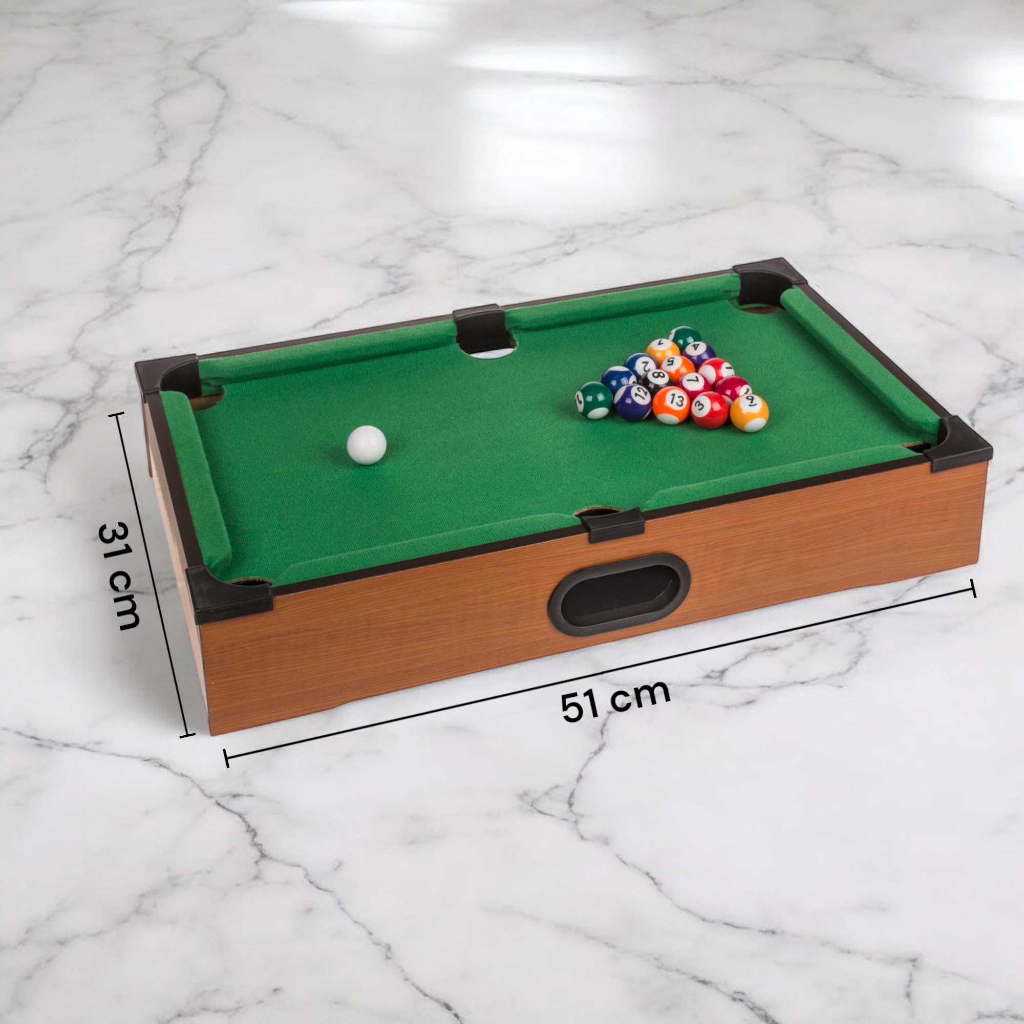 MIJOMA Tischbillard aus Holz – Mini Billardtisch 51x31 cm mit 2 Queues, 16 Kugeln, Triangel & Kreide – Kompaktes Tisch-Billardspiel für Kinder & Erwachsene