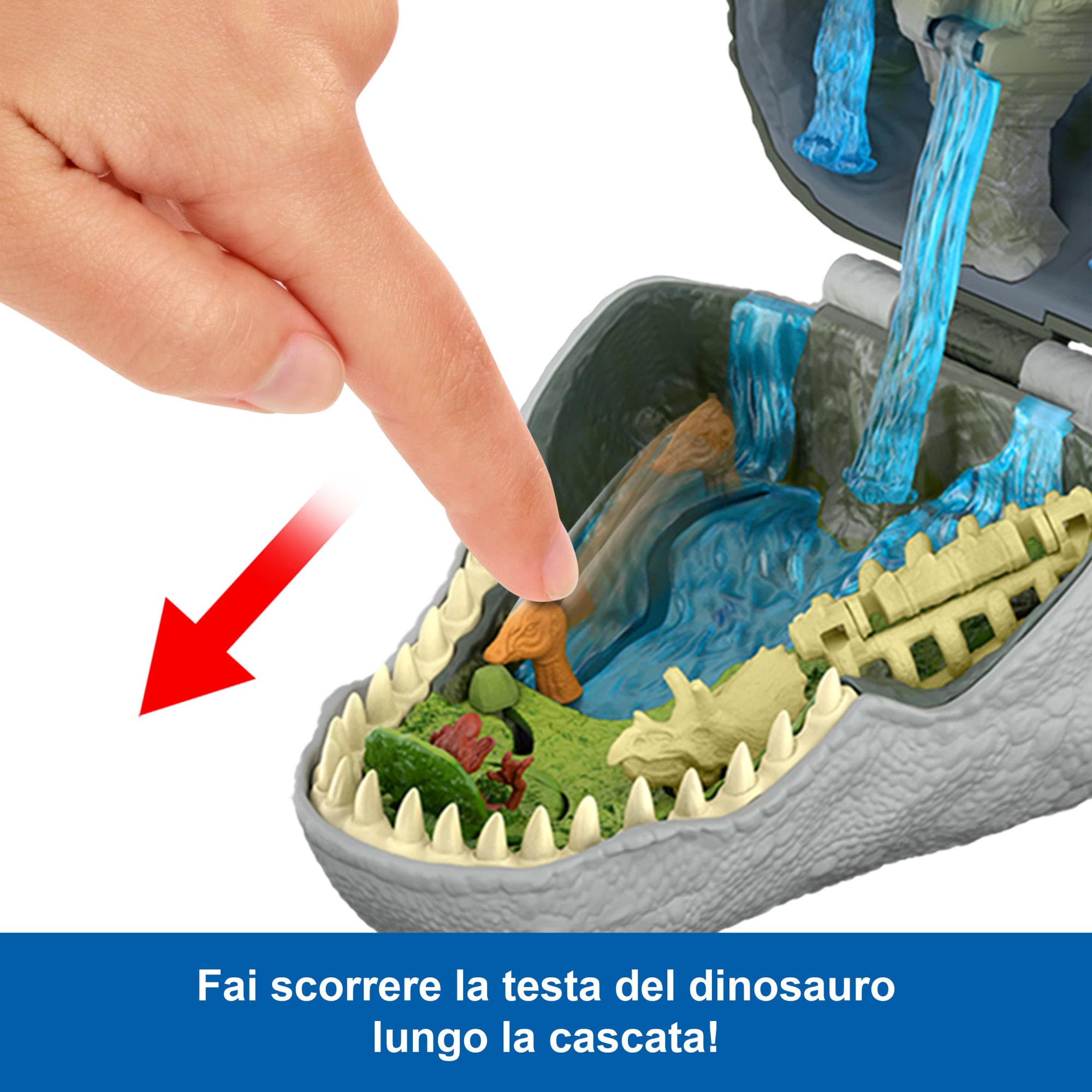 Mattel Jurassic World La Rinascita Micro Avventure, playset con testa di T-Rex che si apre con 4 funzionalità interattive, 3 micro personaggi, T-Rex giocattolo, JGB97