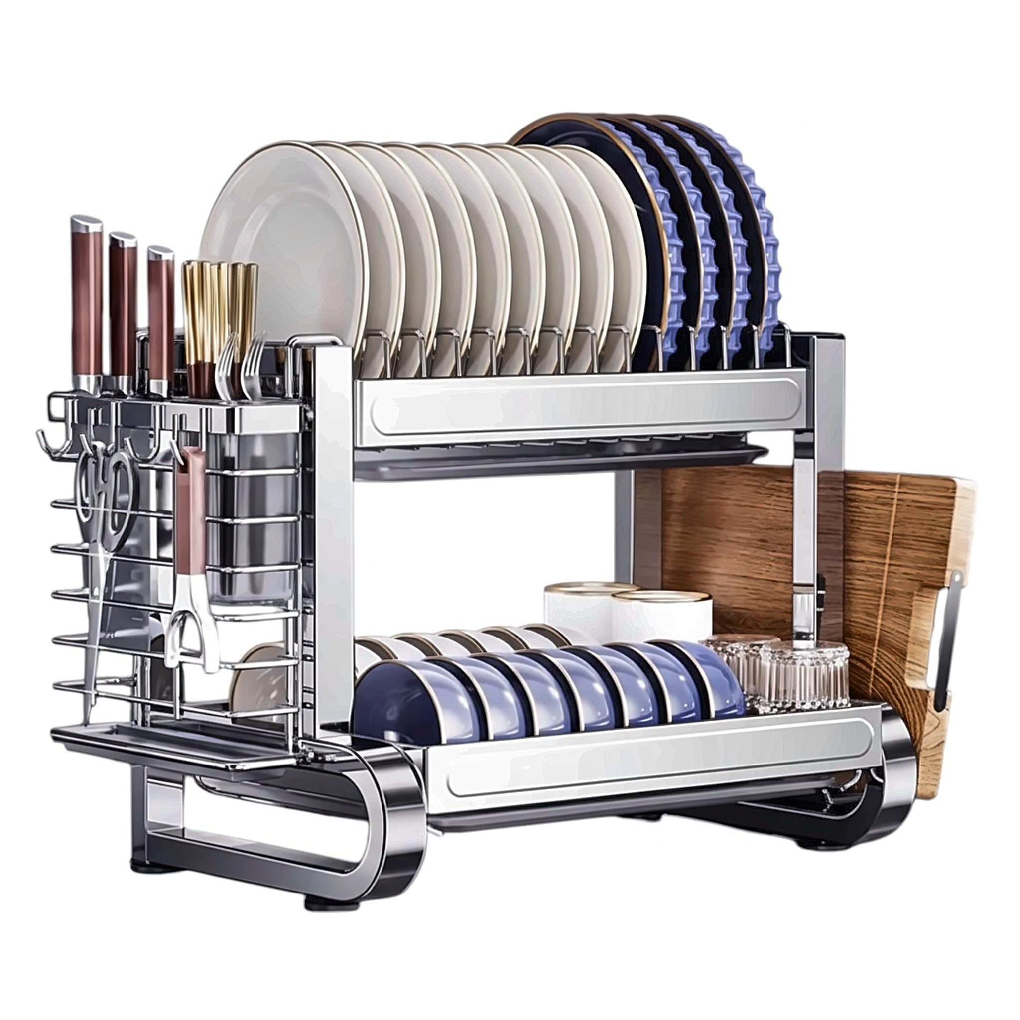 BÖHM Stainless Steel Kitchen Dish Drainer Rack, 2-Tier Kitchen Organizer and Storage Rack with Drip Tray and Cutlery Holder, Compact, Durable, Easy to Clean