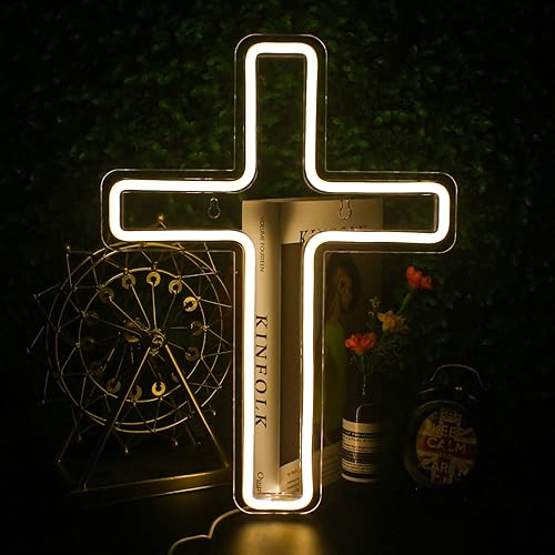 Lucunstar Letrero de neón con cruz de Jesús, luz LED blanca cálida para decoración de pared, dormitorio, decoración cristiana, habitación religiosa,