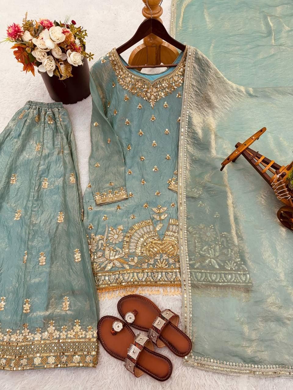 Sharara Suit Set with Dupatta for Women Pure Fendy Silk Embroidered Sequin Work Eid Party Wear Outfit