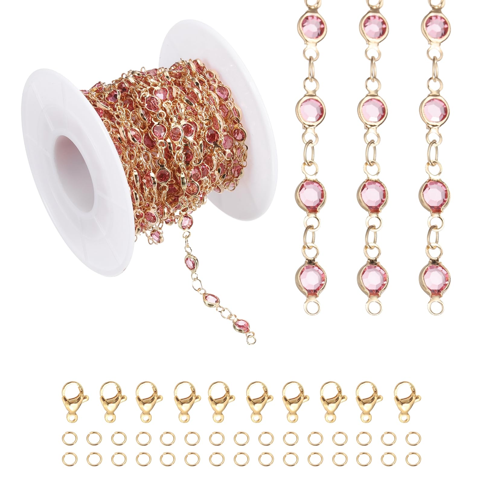 Chaine en strass or rose 5m pour création de bijoux DIY avec fermoirs