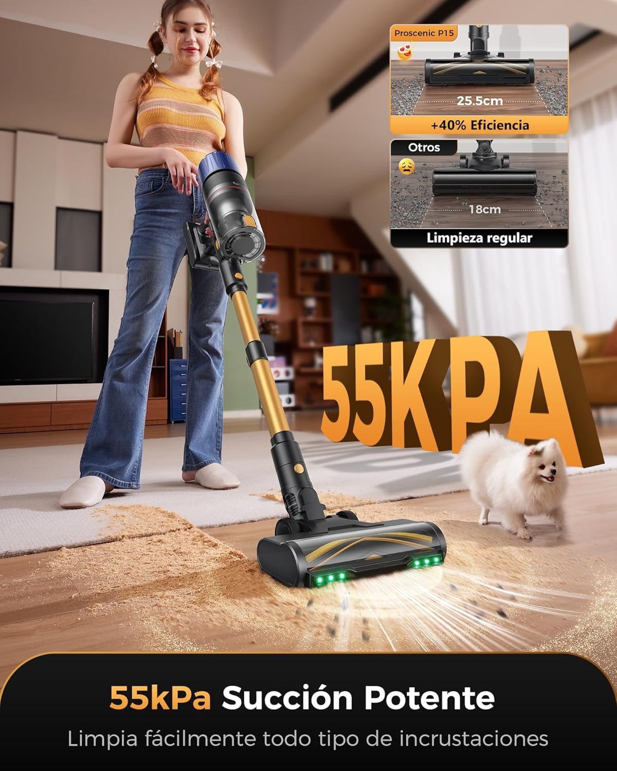 Proscenic P15 Aspiradora sin Cable 55kPa/70Mins, Aspiradora Escoba Vertical Potente con Pantalla Táctile LED, Antienredo y Modo Automático para Suelos/Alfombras/Pelo de Animales