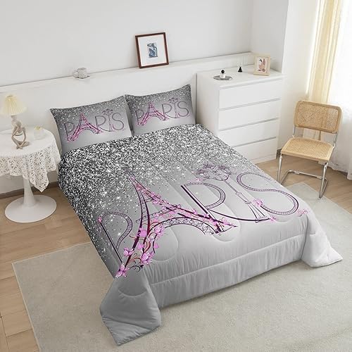 Miniatura 10 de Feelyou Juego de edredón París para niñas y niños, tamaño King, color morado con purpurina degradada, juego de edredón de plumón de torre Eiffel,