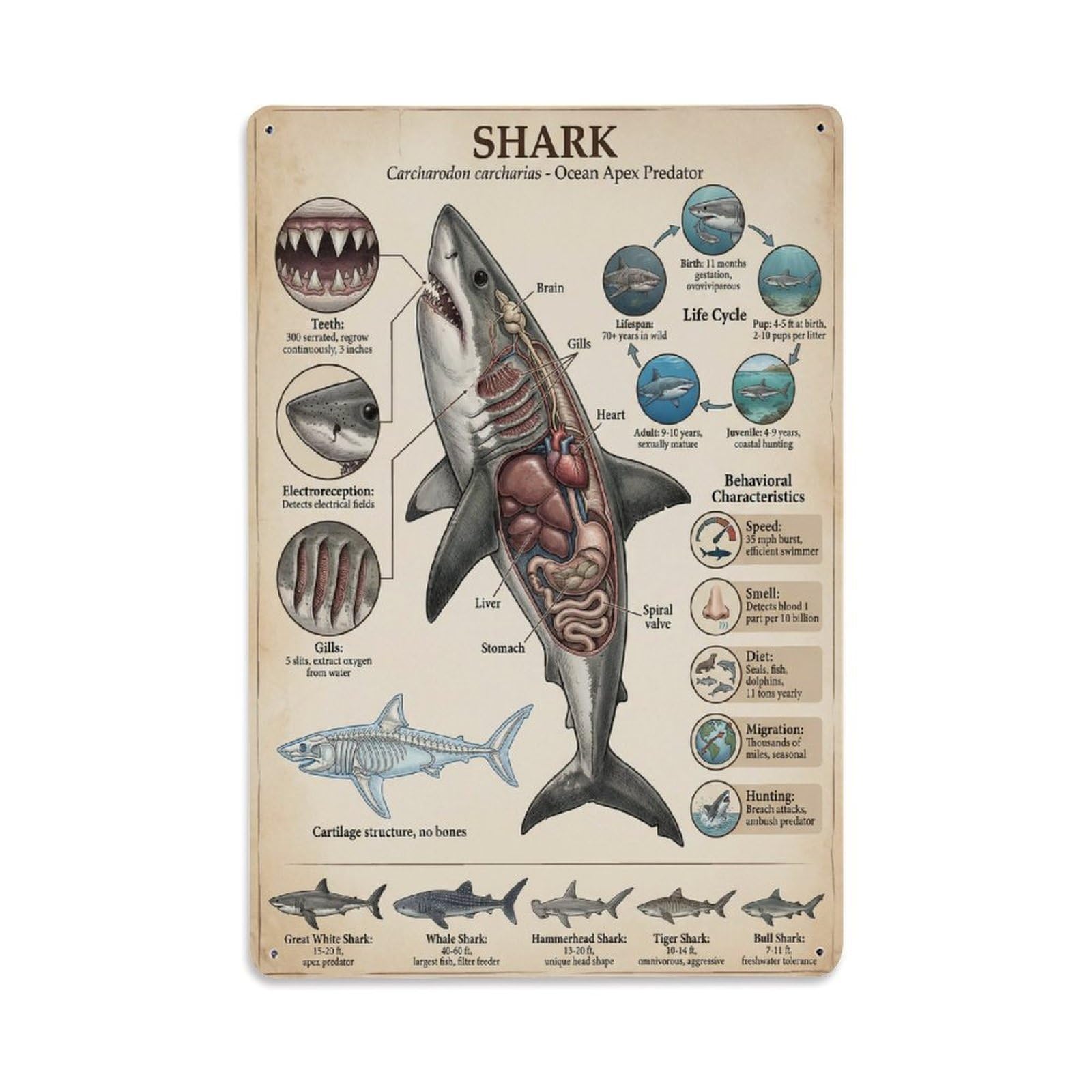 Kids Animal Wildlife Biology Guide Shark Anatomy Sci Inf Metal Tin Sign Plaque Wall Decor for Cafe, Man Cave, Club Bar, Office, Home Garden Round Metal Poster 8x12Inch