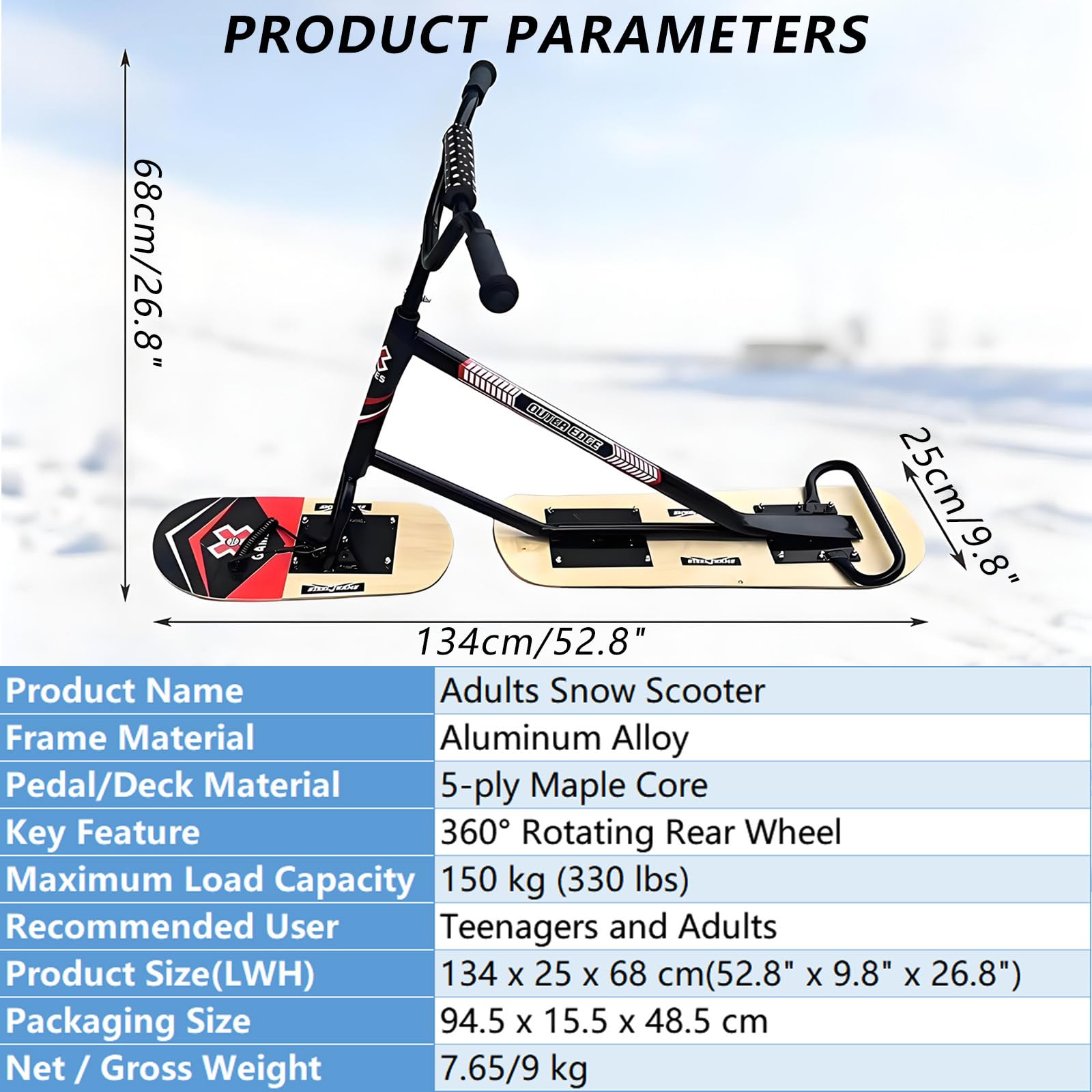 Sci/Monopattino da Neve Avanzato, Sci da Neve per Adulti con Rotazione A 360°, Motoslitta per Adulti A Doppia Tavola, Slitta da Snowboard con capacità di 330 Libbre Black