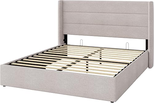 Miniatura 9 de Allewie Cama de almacenamiento elevable tamaño Queen, cabecera moderna con respaldo alado, soporte hidráulico, no necesita somier, color beige claro