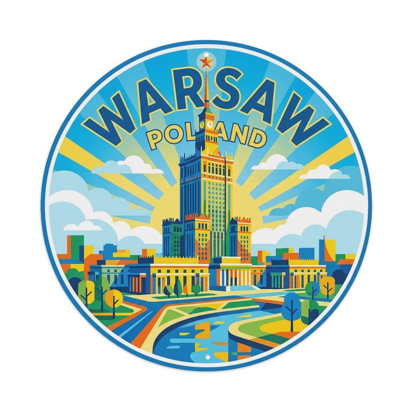 Vintage Travel Poland Warsaw Vintage Metal Tin Sign Plaque Wall Decor for Cafe, Club Bar, Office, Garden Metal Poster 8x8Inch