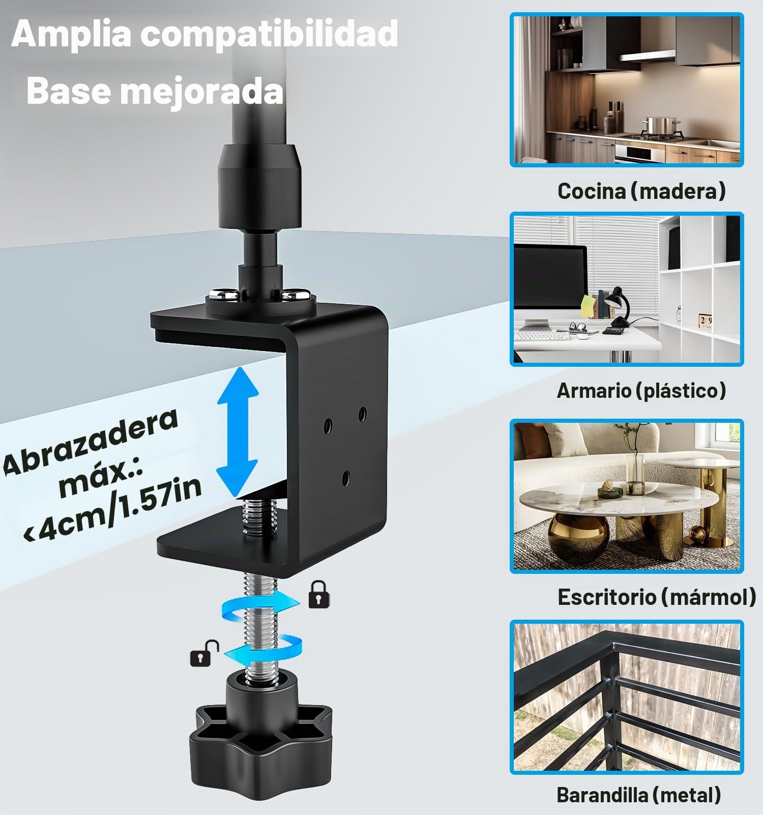 Soporte Tablet Cocina Escritorio con Brazo de Metal Ajustable | Soporte para Tablet Estanteria [Apto para Mesa y Armario] para iPad Pro 12.9 Air Mini, Galaxy Tab Ultra, Switch, de 6-14.6"