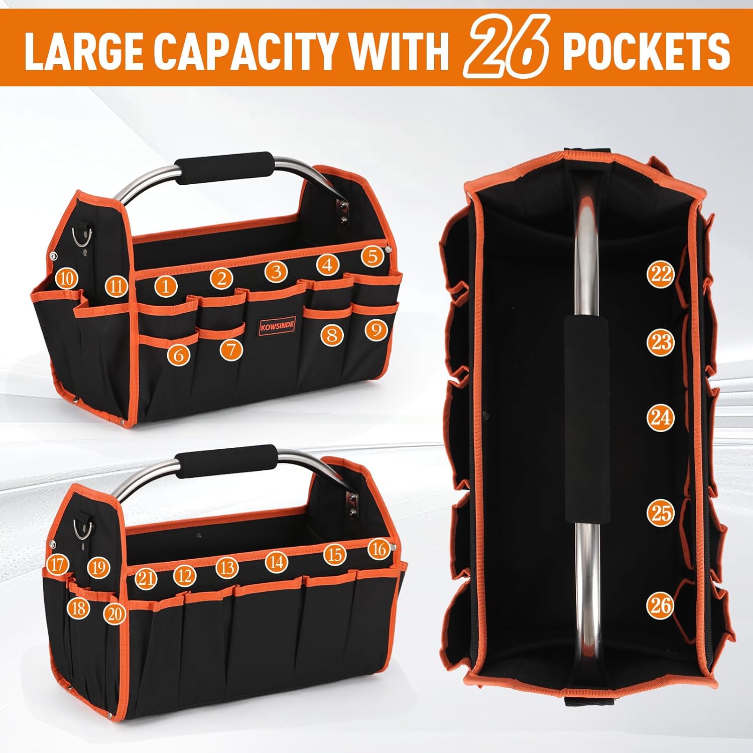 16 Inch Tool Bag, Electrician Tool Bag, Open Top Tool Bags, 26 Pockets Can Hold Many Tools, Steel Handle and Removable Shoulder Strap - Image 4