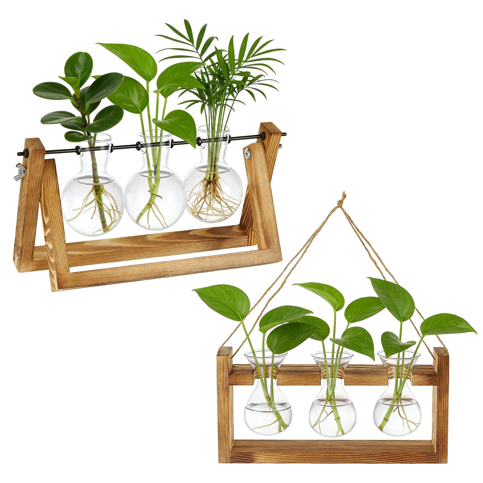 TWINKLEMON 2 Pcs Plant Propagation Stations, 6 Glass Vases with Wooden Stand, Plant Terrarium Jar for Hydroponic Plants,Desktop Water Plant Propagation for House Plants Flower Plant Lovers Office Home