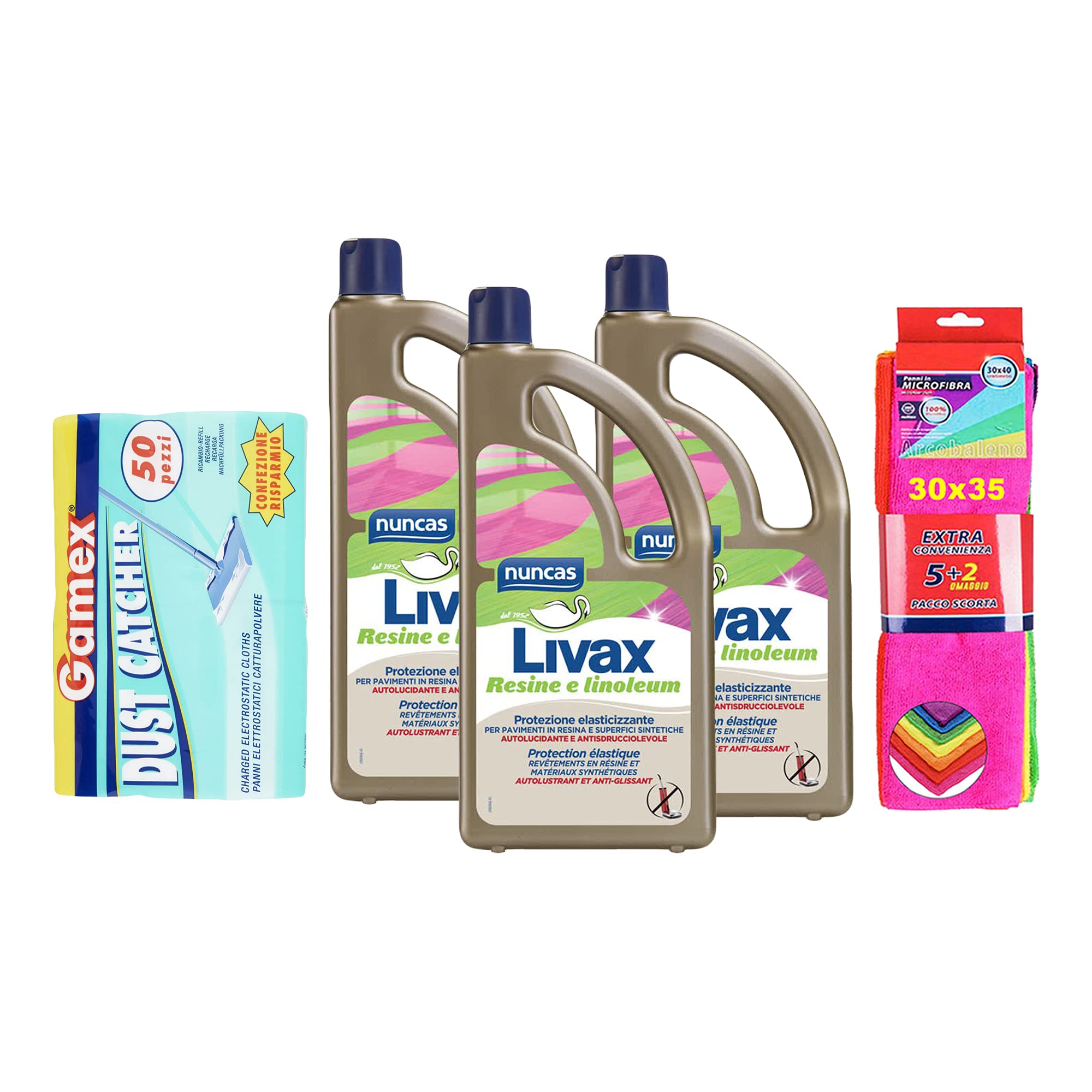 NUNCAS SET 3 LIVAX RESINE E LINOLEUM + GAMEX PANNO CATTURAPOLVERE + pacco 7 pezzi panni microfibra 30x35 cm