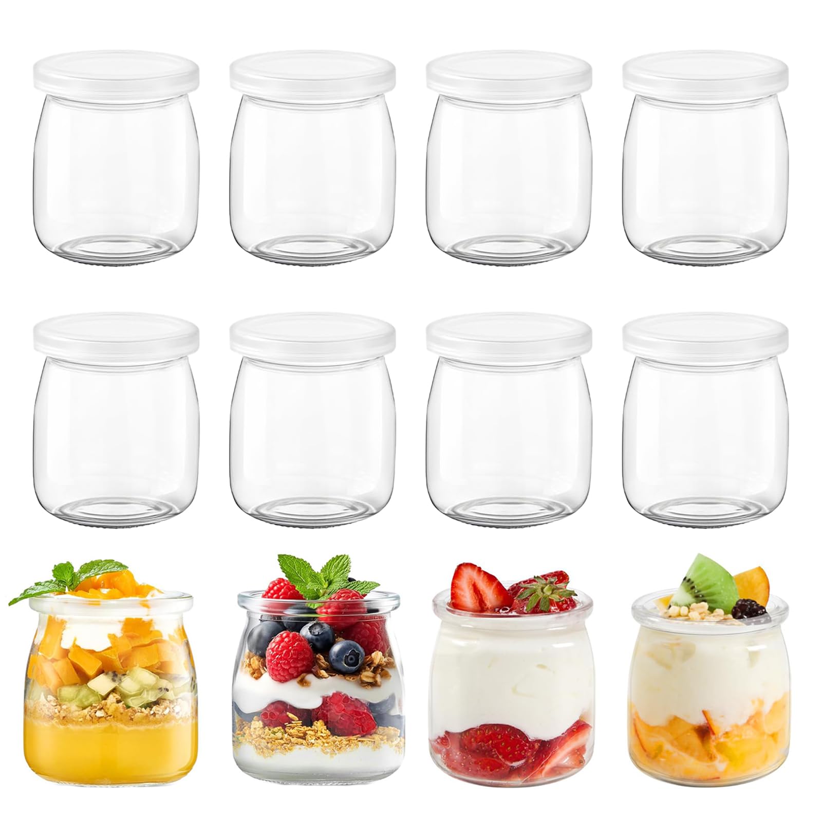 Pots à Yaourt Transparents, Lot de 12 Pots à Pudding en Verre avec Couvercle, 200 ml Pot à Pudding pour Gelée, Contenants en Verre, pour Jams, Miel, Tiramisu, Mousse, Desserts