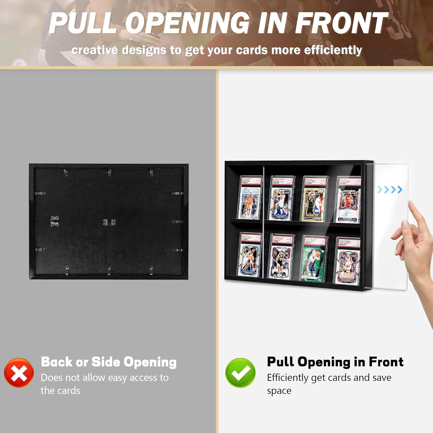 Emfogo Card Display Case, Trading Card Display with Clear View, Wooden Graded Sports Card Display Case Wall Mounted, Baseball Card Display Frame for Trading Card Collection (1 Pack-Black)