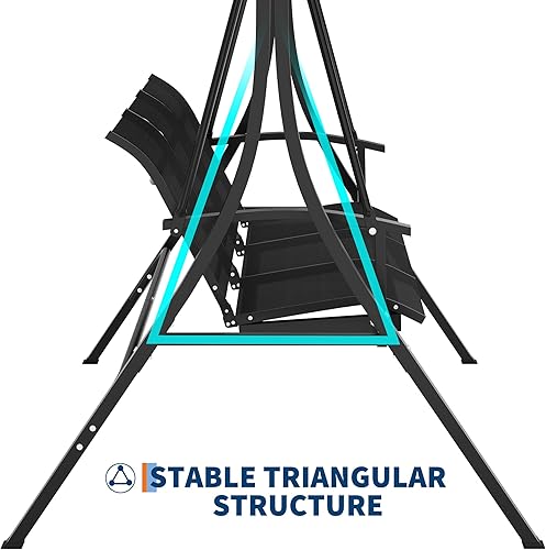 Miniatura 9 de GarveeLife Silla columpio de 3 asientos para patio, columpios colgantes para porche al aire libre con toldo y reposabrazos ajustables, asiento y