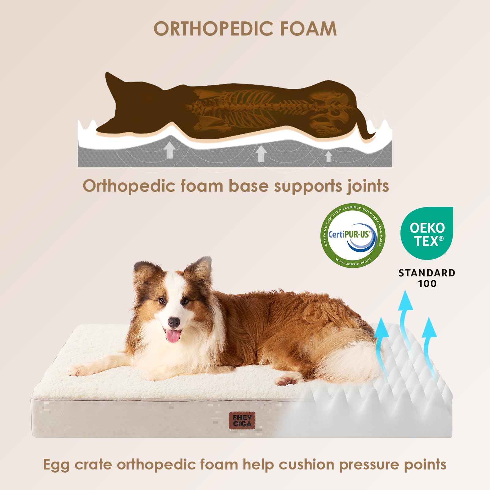 EHEYCIGA Cuccia Cane Interno Taglia Grande L, (91L x 69W cm) Ortopedica Cuscino per Cani, Cuscino Cane Sfoderabile e Lavabile, Ortopedico Lettino per Cani, Orthopedic Dog Bed, Cammello