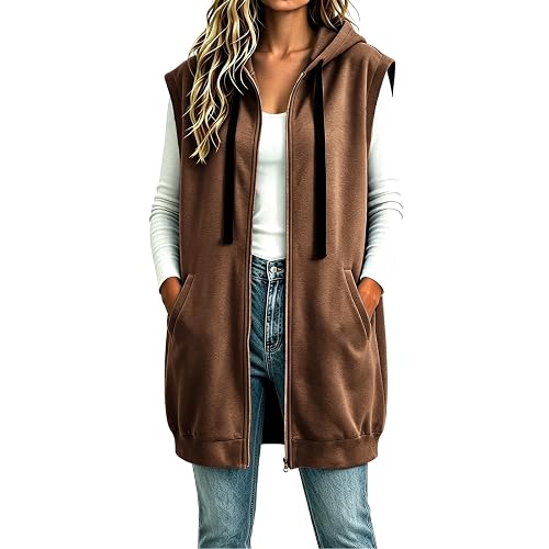 Sleeveless Hoodie Vest for Women Long Zip Up Hooded Jacket