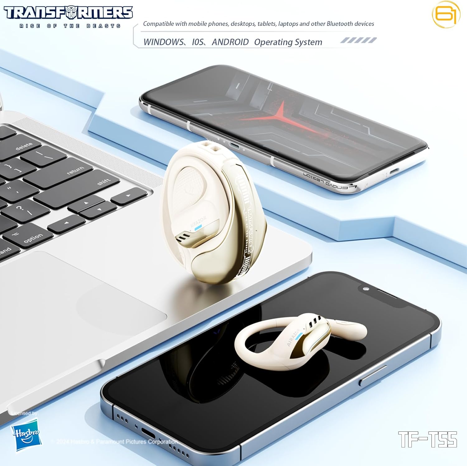 Transformers TF-T55 Open-Back Bluetooth Wireless Earbuds, Sleek Wing-Like Design Passive Noise Cancelling in-Ear Cool HiFi Calling Dual Modes Sports Earphones LED Display (Beige - Airazor)