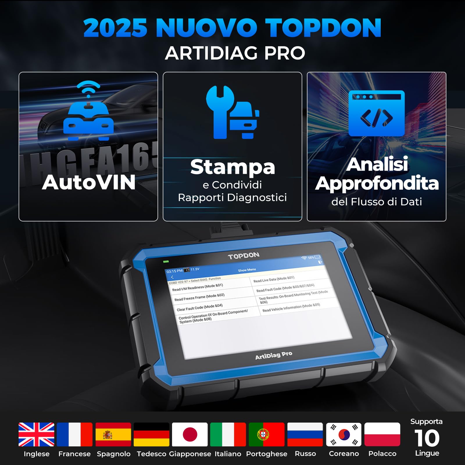 TOPDON ArtiDiag Pro V2.0 OBD2 Auto Diagnostica, Diagnosi Auto Professionale in Italiano, controllo bidirezionale, codifica ECU e OE-Level sistemi completi di diagnosi per 100 + marche, 35+ Servizio