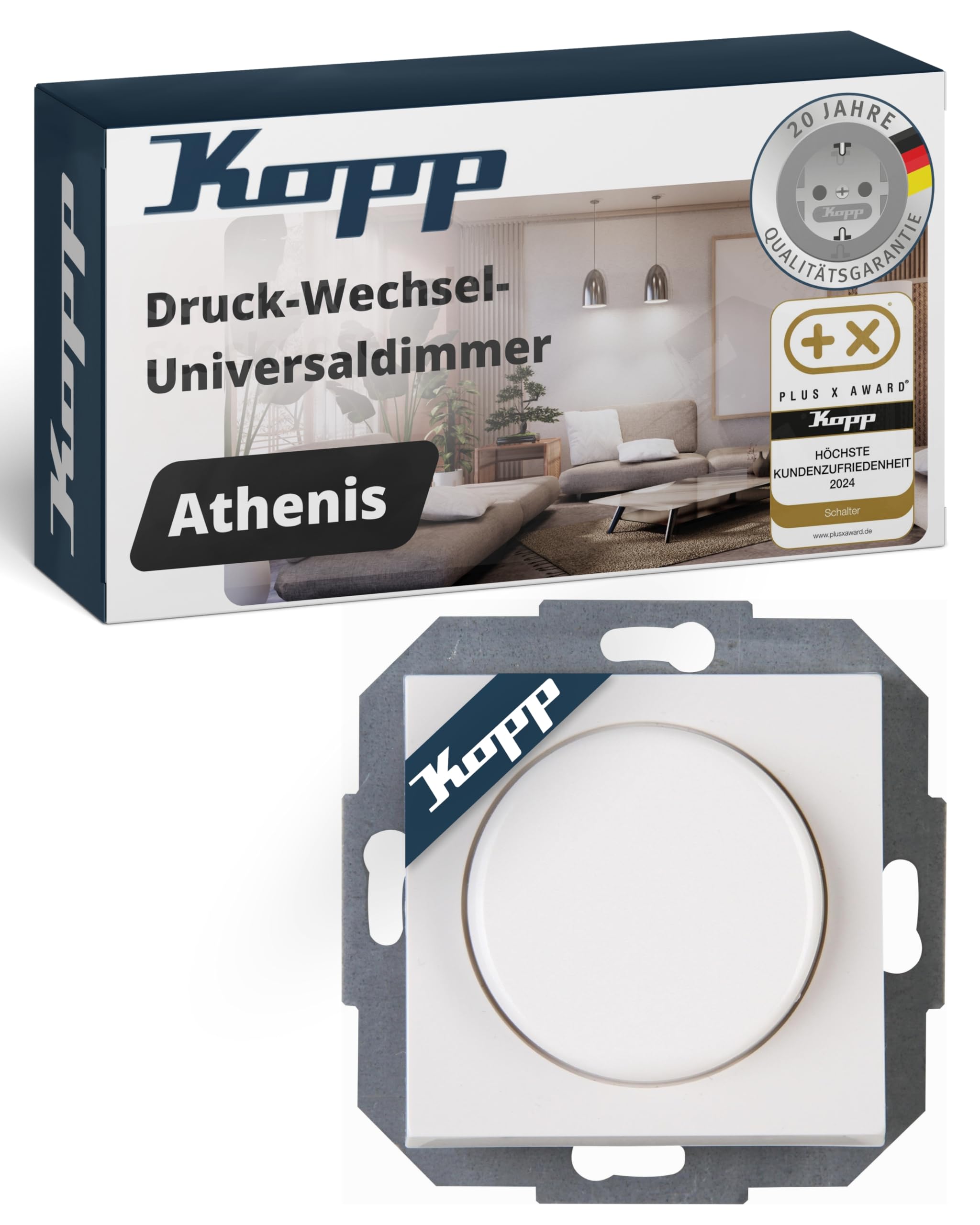 Kopp ATHENIS Universal-Dimmer-Schalter mit Drehknopf - Rein-Weiß - Für 10-250W Glühlampen & 3-100W LED - Dimmbarer Lichtschalter mit Phasenan- & abschnitt - Druck-Wechselschalter mit Wellenadapter