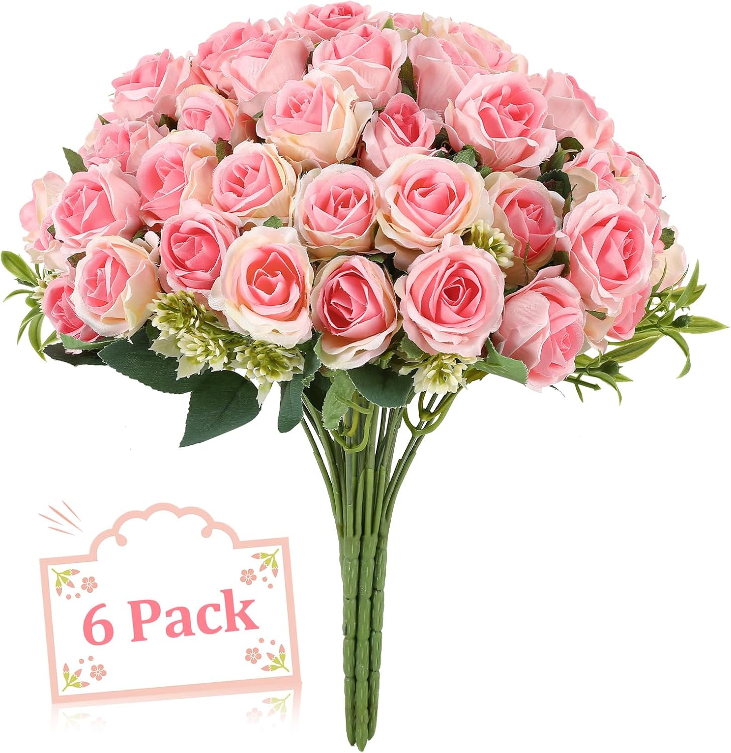 6 Stems 10 Heads Pink Artificial Silk Roses Bouquets with Leaf Faux Flowers for Wedding, Grave Decor, Home Indoor, Outdoor Wedding Office Use