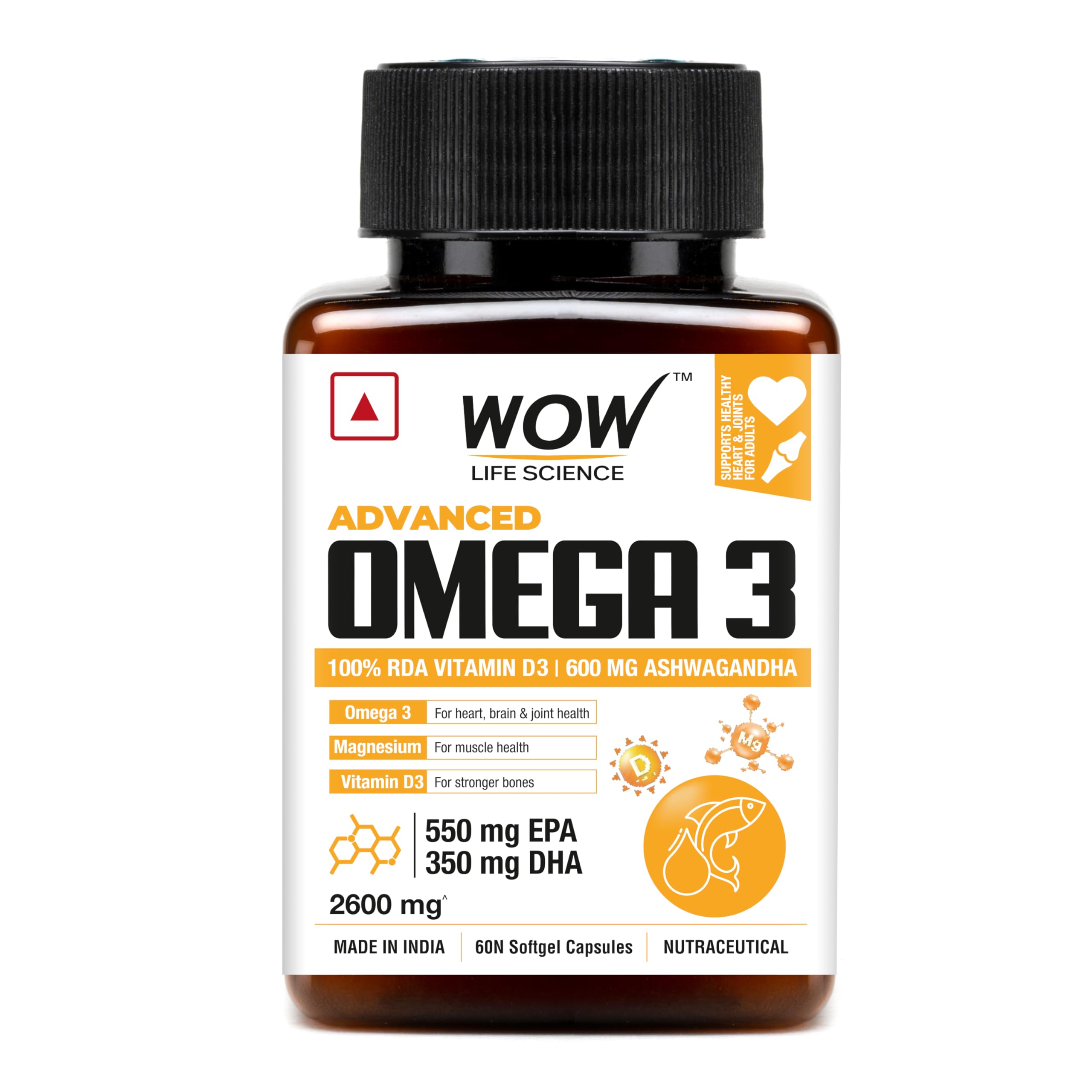 WOW Life Science Advanced Omega 3 Capsule for Men and Women with 100% RDA Vitamin D, Ashwagandha, Magnesium, Vitamin B6 & B12 |For Muscle, Joints, Heart & Cognitive Support -2600mg (550mg EPA:350mg DHA) – 60 Capsules (B0DDXWF2S9) Amazon Price History, Amazon Price Tracker