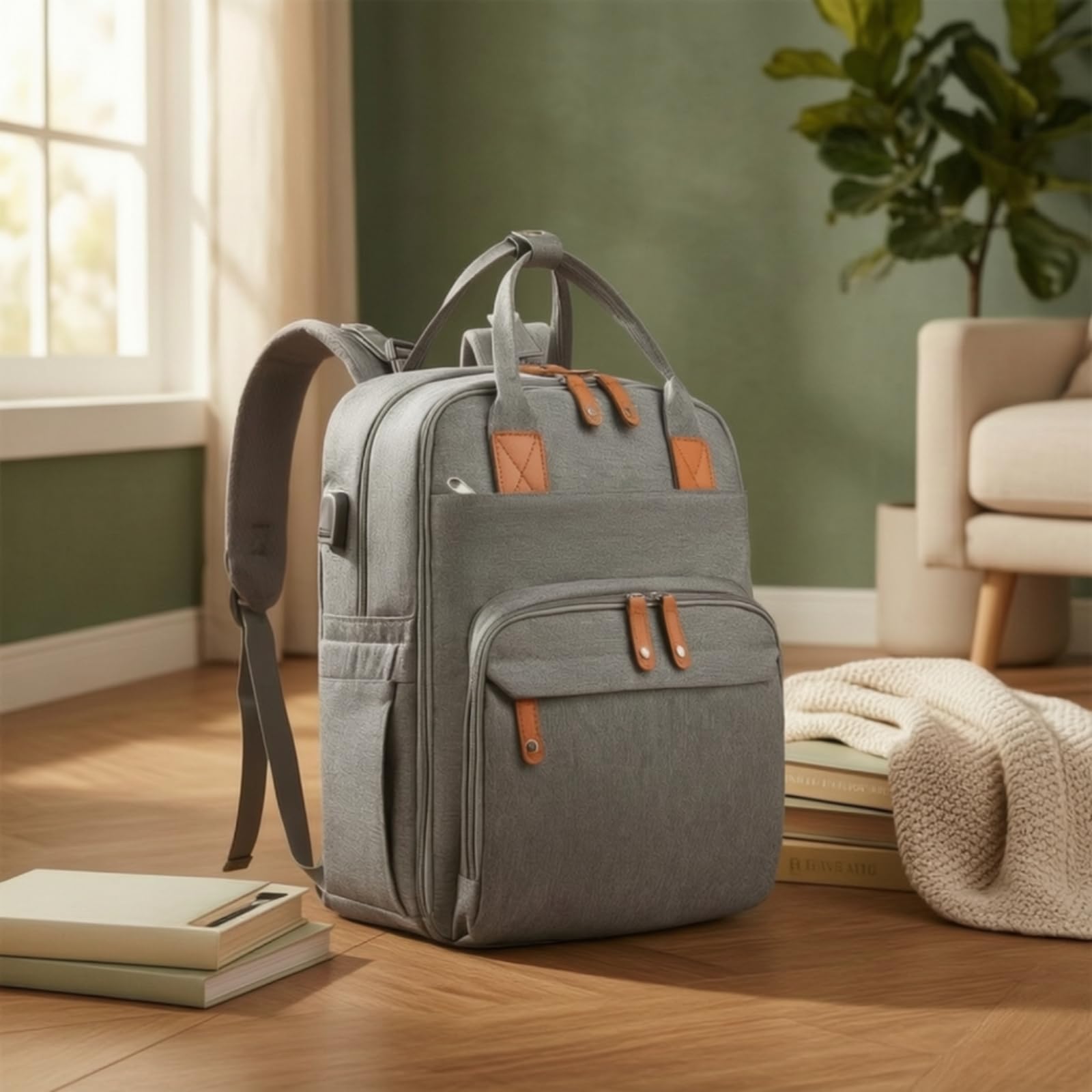 Zaino Fasciatoio con Lettino Pieghevole Multifunzione Zaino Fasciatoio con Lettino da per Genitori, Neonati, Passeggiate, Grigio, Grigio Chiaro