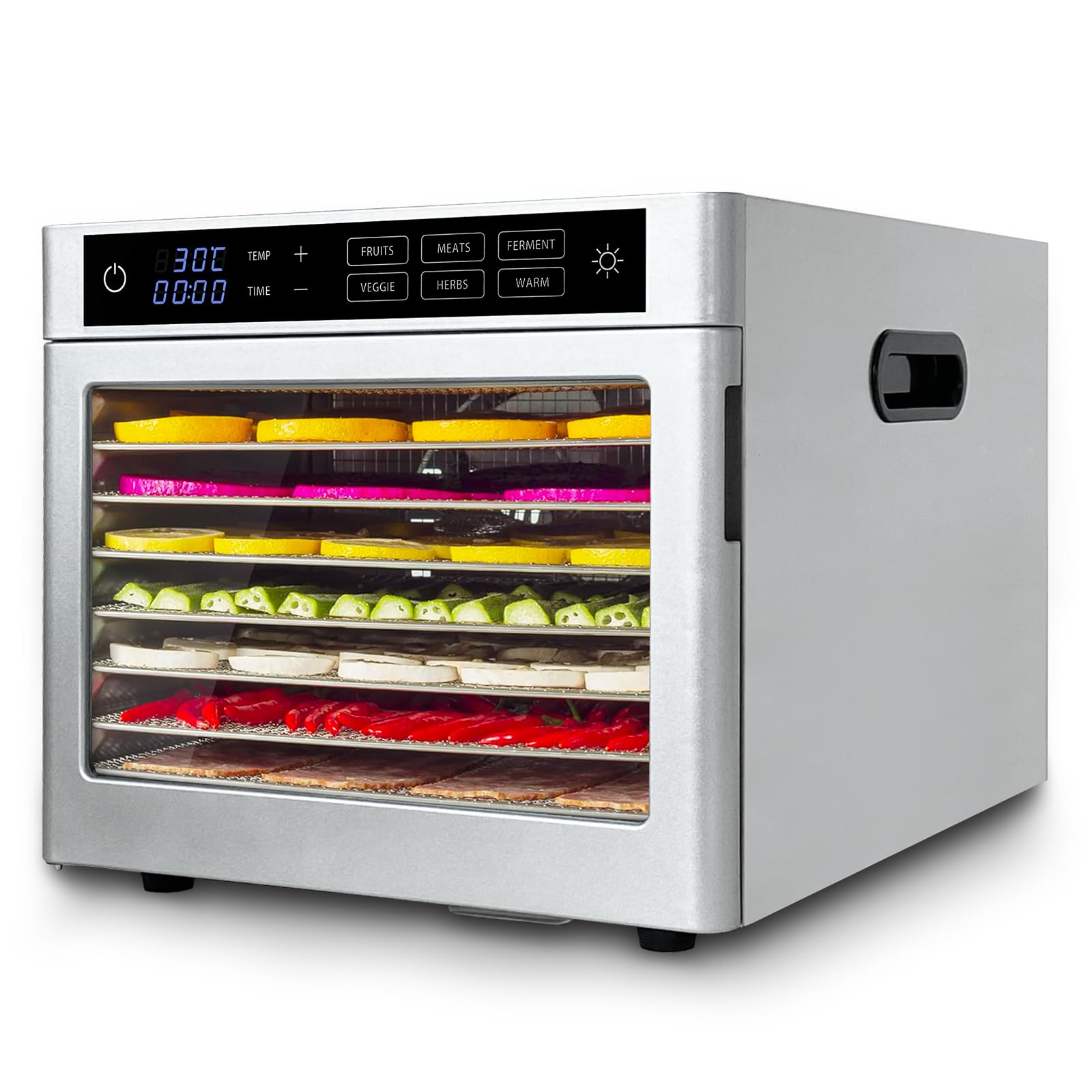 Dörrautomat Edelstahl mit 8 Edelstahlgitter 500W - oiyocemo 6 Voreinstellungen für Dörrgerät Dehydrator Obsttrockner Dörrappara