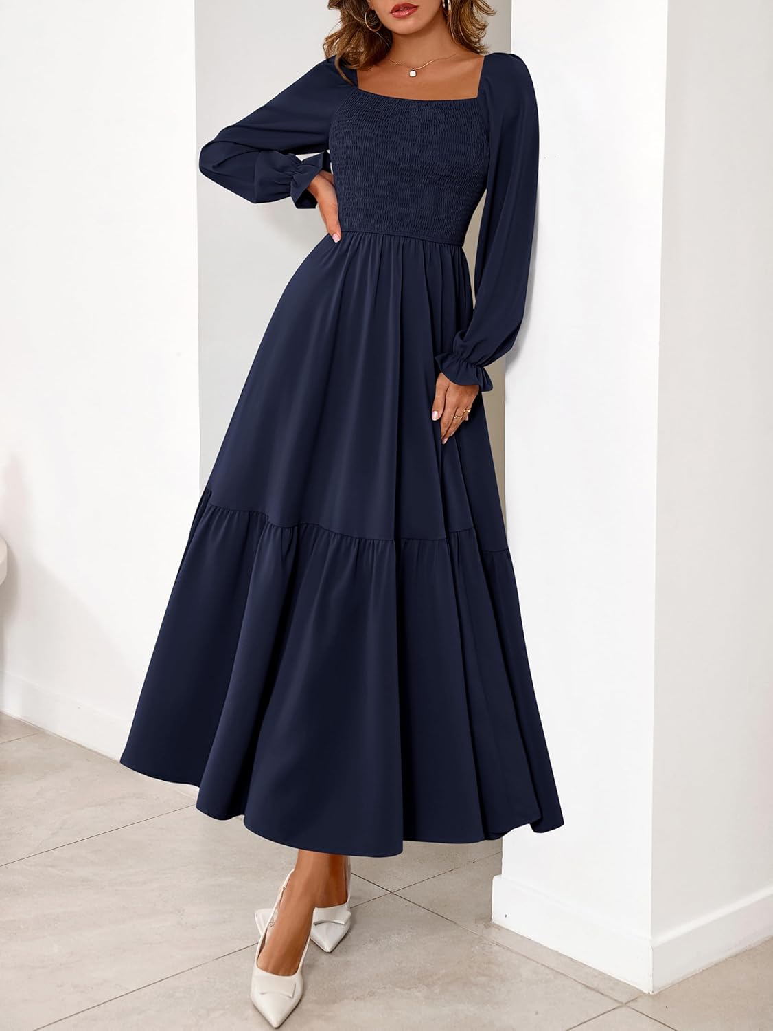 MASCOMODA Womens 2026 Spring Long Sleeve Casual Midi Dress Smocked Square Neck High Waist Flowy A Line Wedding Guest Dresses - Image 4