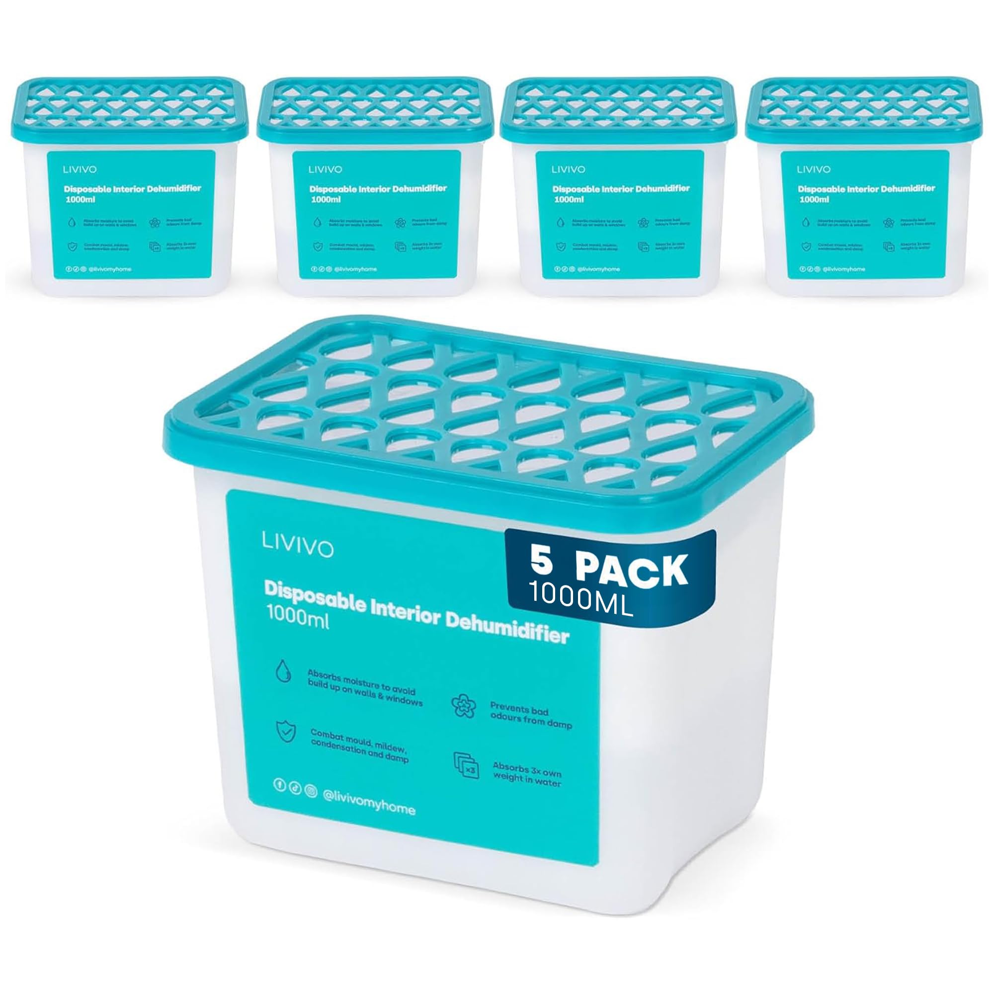 LIVIVO 1000ml Disposable Dehumidifiers - 5 Pack Large Capacity Moisture Absorber & Damp Trap for Damp, Mould and Condensation - Ideal for Home, Kitchen, Wardrobe, Caravan, Garage and Bathroom