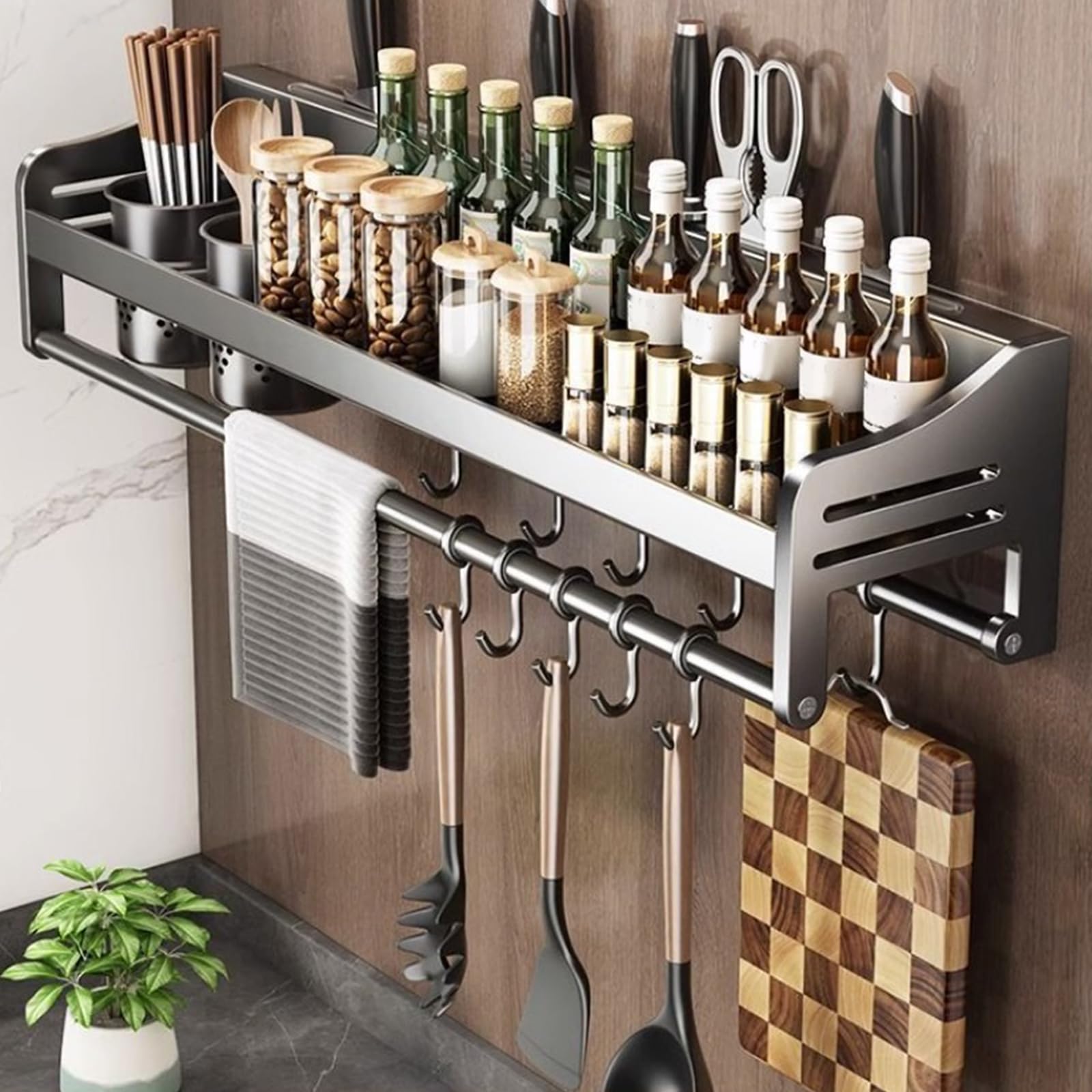 AZURAOKEY Spice Rack Wall Mounted, Kitchen Wall Shelf Utensil Rack with Mobile Hooks, Stainless Steel Spice Racks Organiser, Multi-Purpose for Kitchens, Bathrooms, Laundry Rooms, 60cm