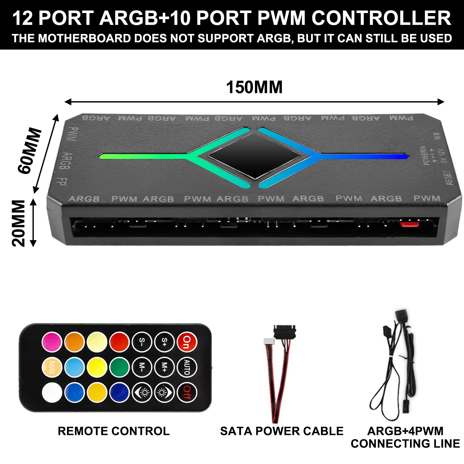 Hub de Ventilateur ARGB PWM 2 en 1 avec Contrôleur, 10 Connecteurs de Ventilateur PWM 4 Broches et 12 Ports 3 Broches 5V, Boîtier RGB avec Base Magnétique et Port SATA Power 20