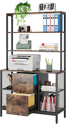 Archivador vertical de 2 cajones para tamaño carta, archivador vertical alto de 6 estantes con combinación de estanterías, soporte de impresora