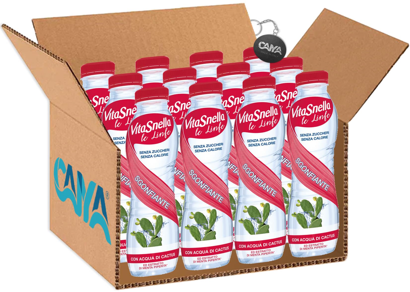 Vitasnella Le Linfe Acqua Minerale Naturale Sgonfiante con Acqua di Cactus e Menta Piperita e Vitamine B3, B6, B12 e Magnesio 500ml [CAIYA® BOX da 12 Bottiglie]